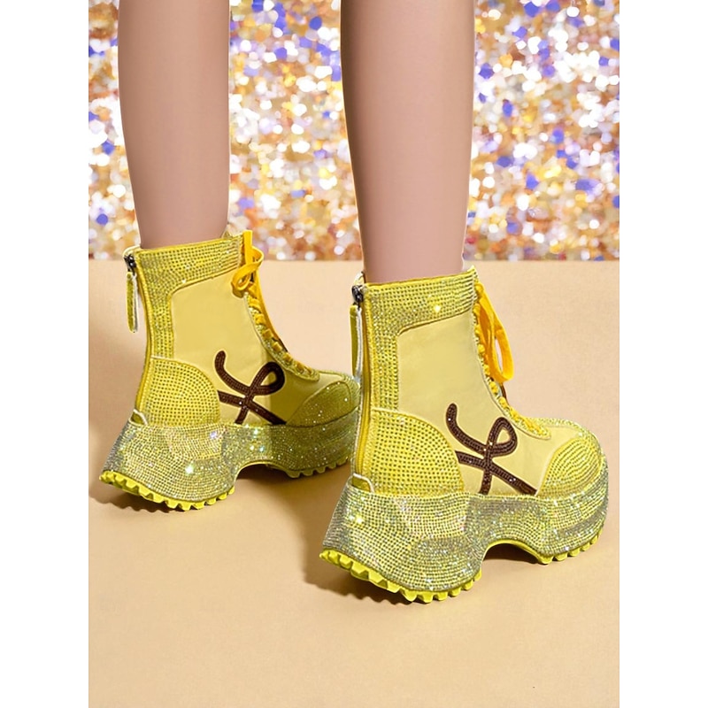 Women's Yellow Rhinestone Platform Boots - Lace-Up Glitter Chunky Heel Ankle Boots for Nightlife Party & Clubwear2