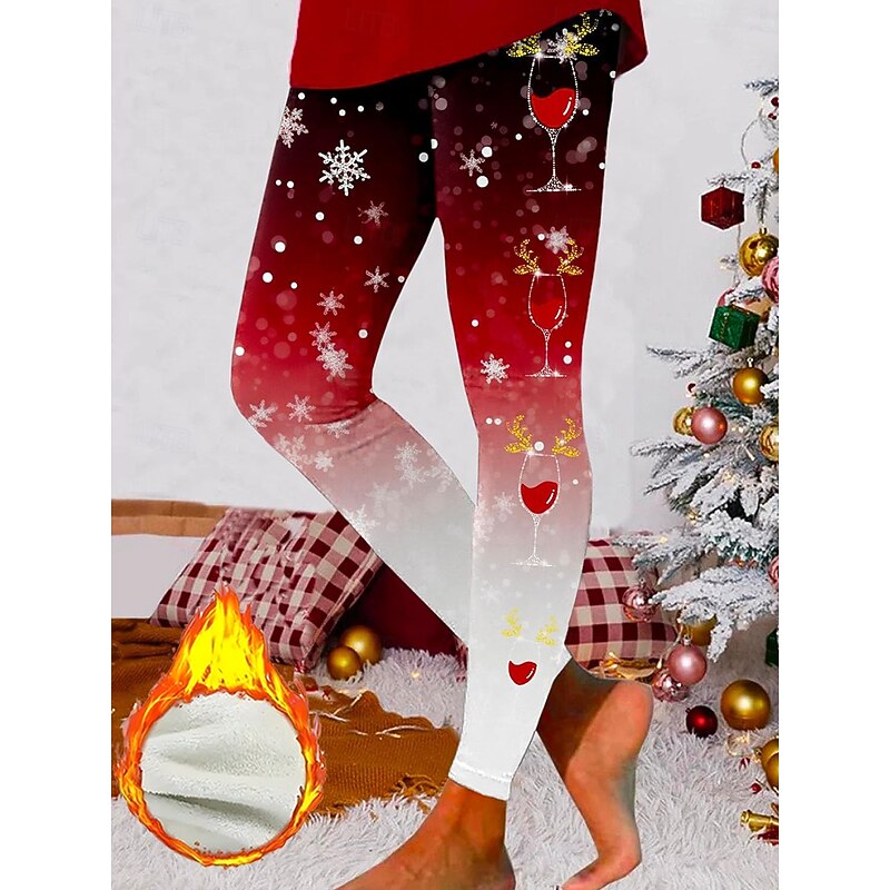 Christmas Women's Leggings Cozy Leggings Vacation Vintage Fashion Full Length High Waist Pants Graphic Snowflake Printing Fleece Thermal Warm Comfy Stretchy Outdoor Vacation Street Black Pink Red3