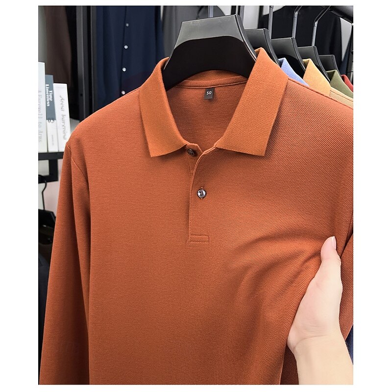 Men's Waffle Polo Shirts Polo Shirts Casual Sports Lapel Long Sleeve Fashion Basic Color Block Textured Patchwork Color Block Fall Winter Spring &  Fall Regular Fit White Burgundy Navy Blue Orange2