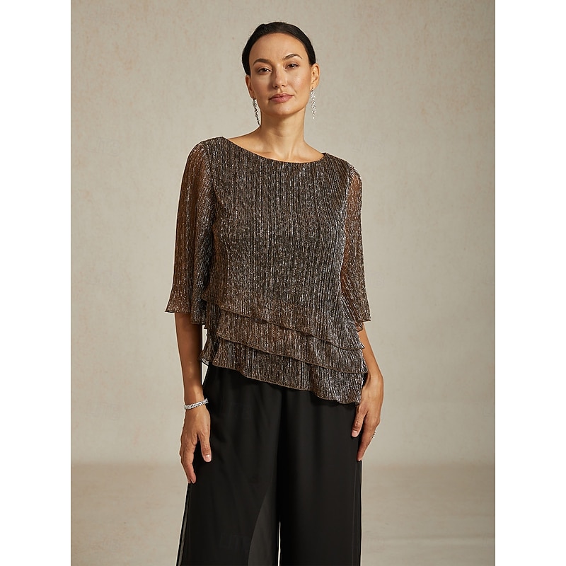 Women's Blouse Dressy Tops Flowy Tops Chiffon Tops Elegant Vintage Stylish 3/4 Length Sleeve Crew Neck Boat Neck Work Daily Date Night Outfits Sequins Pleated Patchwork Brown Spring Fall