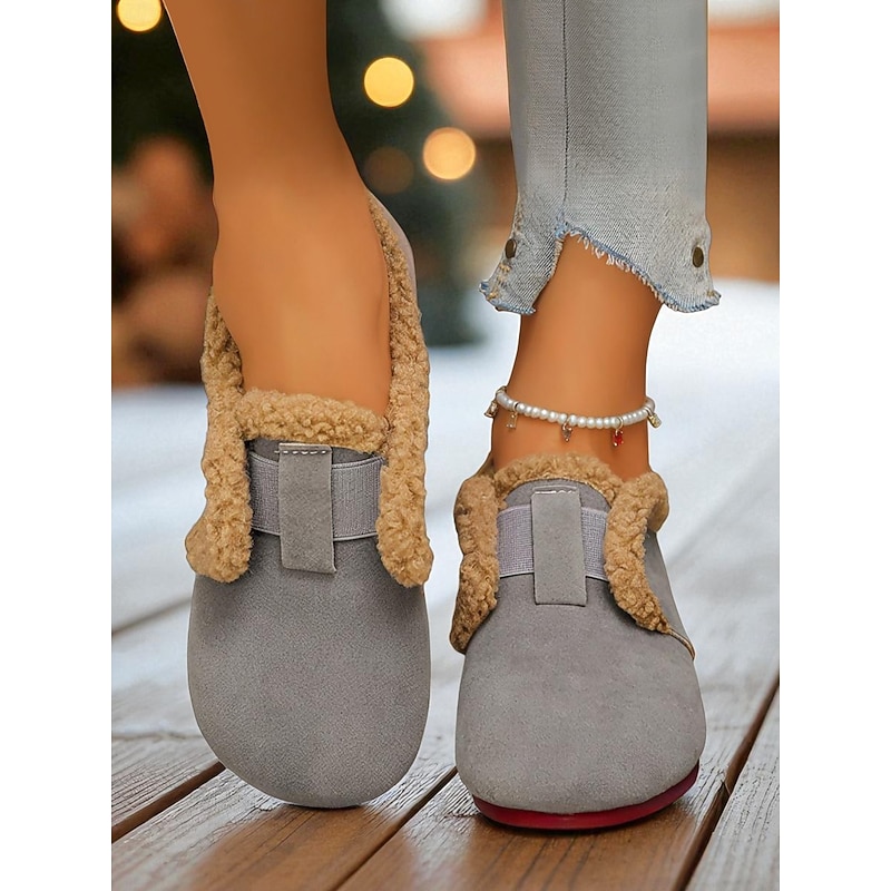 Women's Wide Width Fleece Lined Slip-On Shoes, Cozy Warm Shoes with Elastic Band, Winter Indoor Footwear for Fall Winter Casual Wear