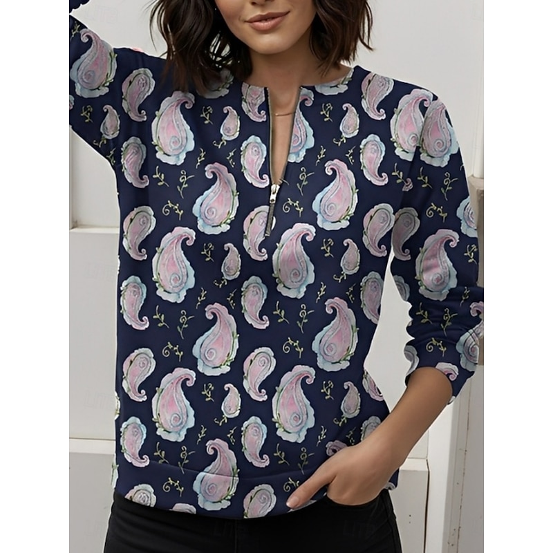 Women's Pullover Sweatshirt Zip Up Sweatshirts Paisley Vintage Casual Long Sleeve Crew Neck Regular Tops Street Dailywear Casual Zipper Print Navy Blue Spring Fall Winter