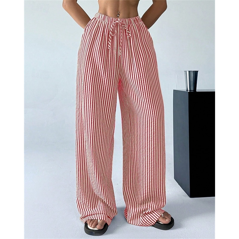 Women's Wide Leg Chinos Pants Trousers Vacation Vintage Streetwear Full Length Medium Waist Striped Pocket Elastic Waist Comfortable Micro-elastic Outdoor Vacation Daily Apricot Black Red Green