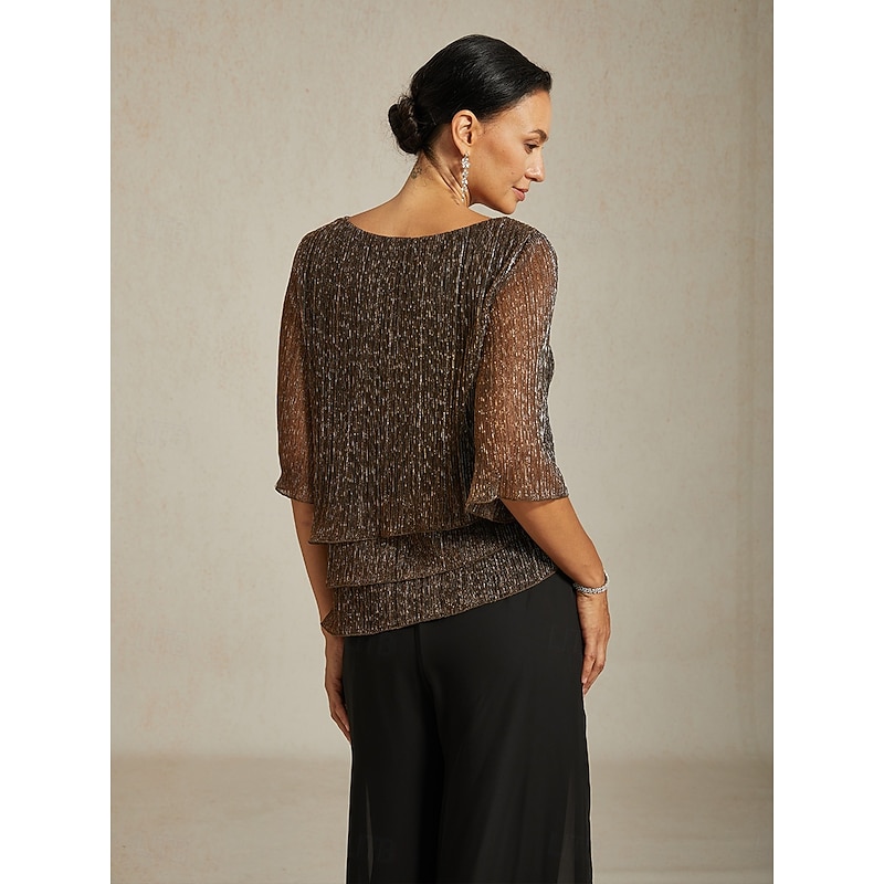 Women's Blouse Dressy Tops Flowy Tops Chiffon Tops Elegant Vintage Stylish 3/4 Length Sleeve Crew Neck Boat Neck Work Daily Date Night Outfits Sequins Pleated Patchwork Brown Spring Fall3
