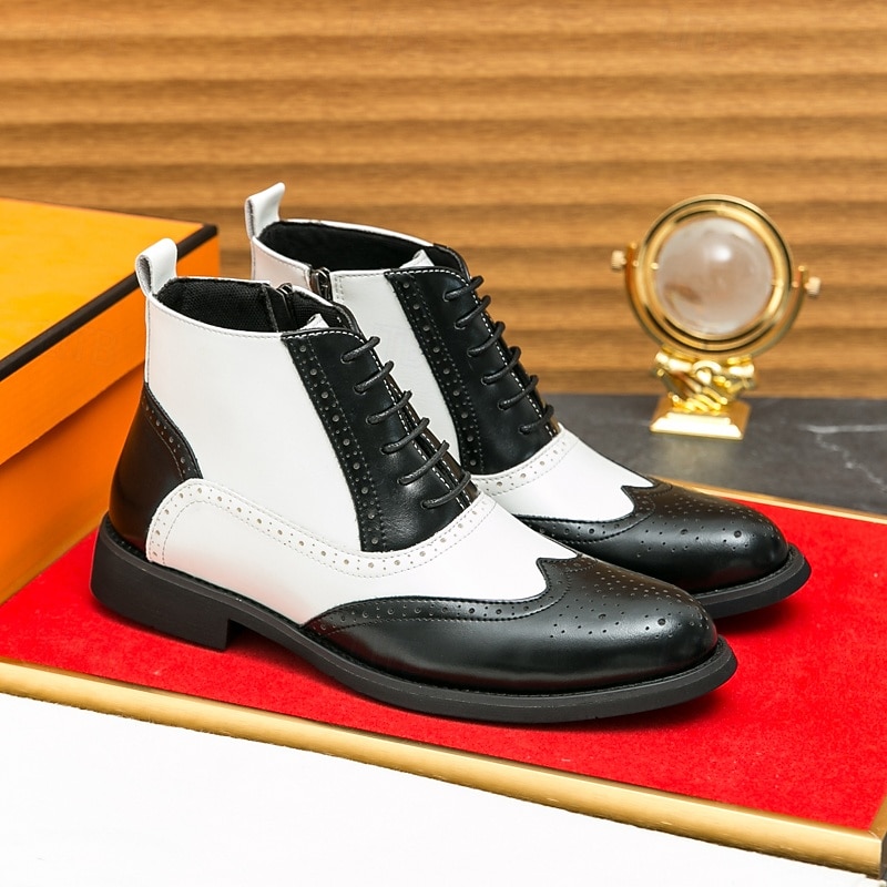 Men's Black and White Oxford Ankle Boots with Wingtip Design, Two-Tone Formal Dress Shoes for Gatsby Parties, Stage Performances and Office Wear2