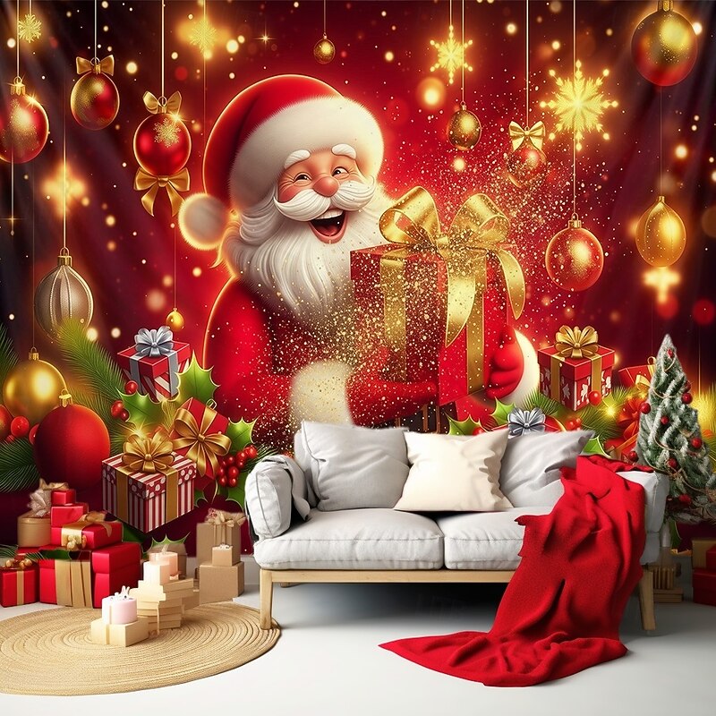 Christmas Hanging Tapestry Santa Claus Holding Gifts with Shiny Christmas Ornaments Sparkling Gold Print Large Wall Art Mural Decor Blanket Curtain Holiday Home Bedroom Living Room Festive Decoration2