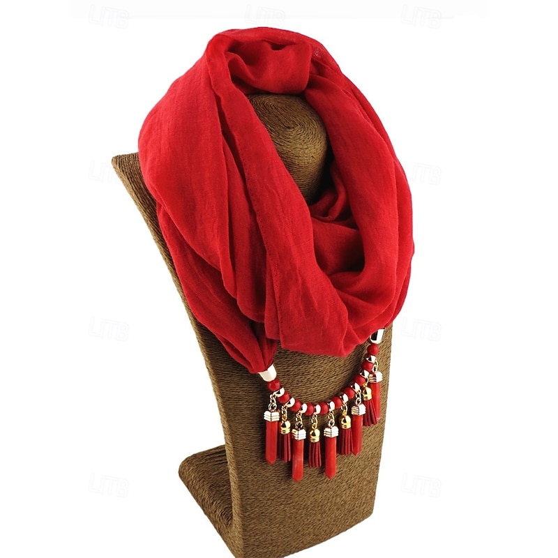 Women's Soft Scarf Necklace with Tassel and Beaded Pendant, Elegant Multi-Color Christmas Accessory for Winter Outfits & Holiday Parties4