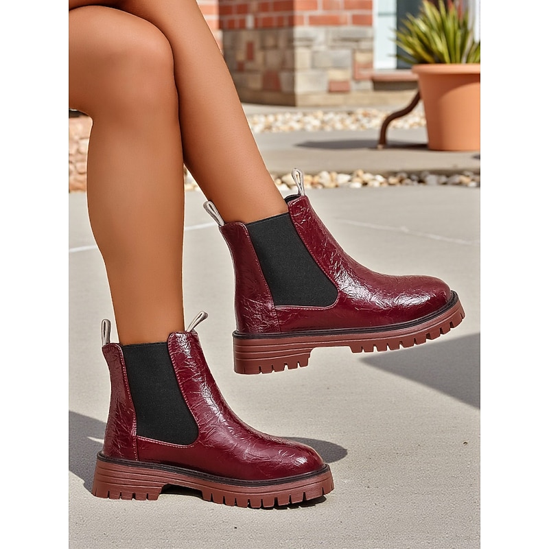 Women's Burgundy Faux Leather Chelsea Boots with Elastic Side Panels and Non-Slip Sole, Stylish Ankle Boots for Fall Winter Casual and Daily Wear2