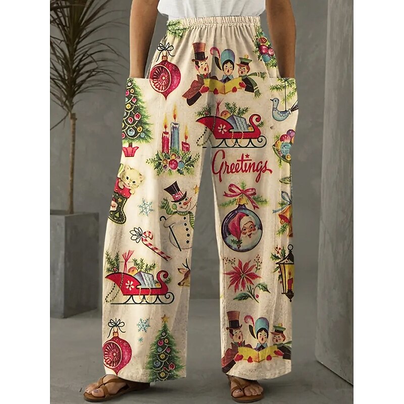 Women's Wide Leg Chinos Pants Trousers Vacation Vintage Ethnic Style Full Length High WaistPantsUgly Christmas Graphic Christmas Pocket Elastic Waistband Print Comfy Breathability Inelastic Vacation