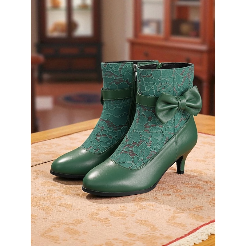 Women's Green Faux Leather Lace Ankle Boots with Bow, 1920s Great Gatsby Vintage Mid-Heel Booties for Cocktail Parties, Dance Events & Retro Outfits