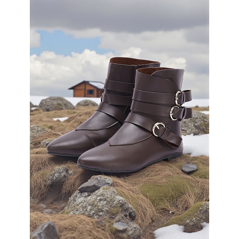 Women's Brown Faux Leather Medieval Ankle Boots with Double Buckle Detail, Perfect for Historical Reenactments, Viking Festivals and Cosplay