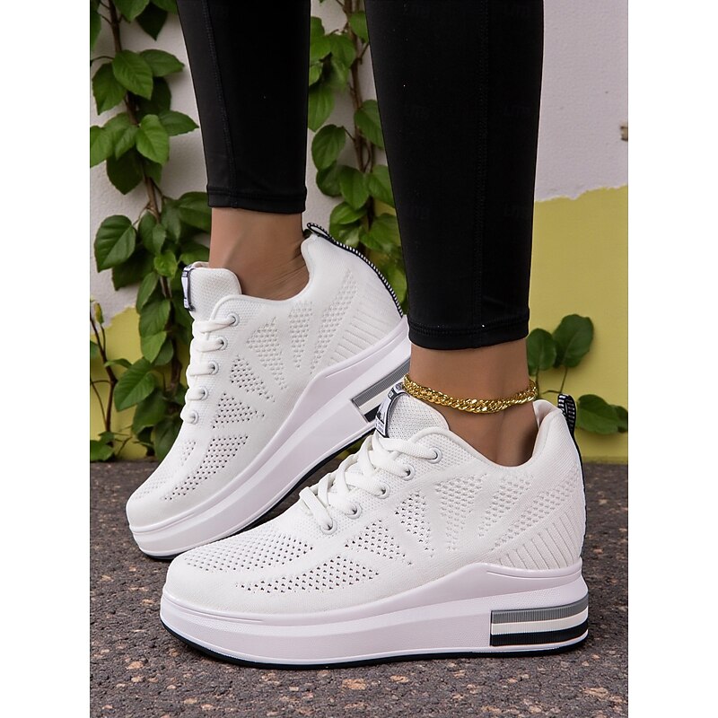 Women's White Platform Sneakers with Breathable Flyknit Mesh, Lightweight Lace-Up Casual Walking Shoes for Everyday Wear, Travel & Outdoor Activities2