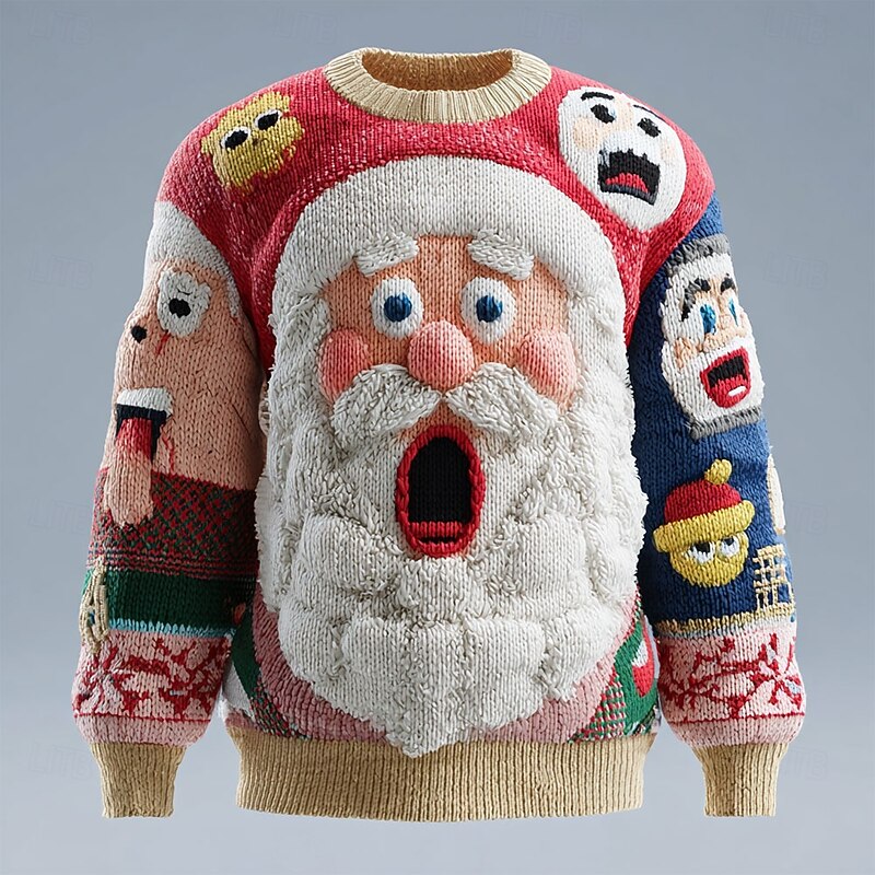 Ugly Christmas Sweater Men's Santa Claus 3D Print Pullover Sweater Jumper Knitwear Crewneck Casual Vacation Daily Keep Warm Long Sleeve Spring Fall Winter White / Red Yellow Red2