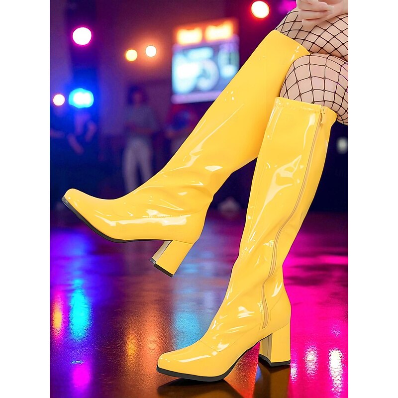 Women's Silver Patent Faux Leather Knee-High Boots with Block Heels, 1980s Retro Go-Go Style Fashion Boots for Parties, Dance Performances & Night Out3