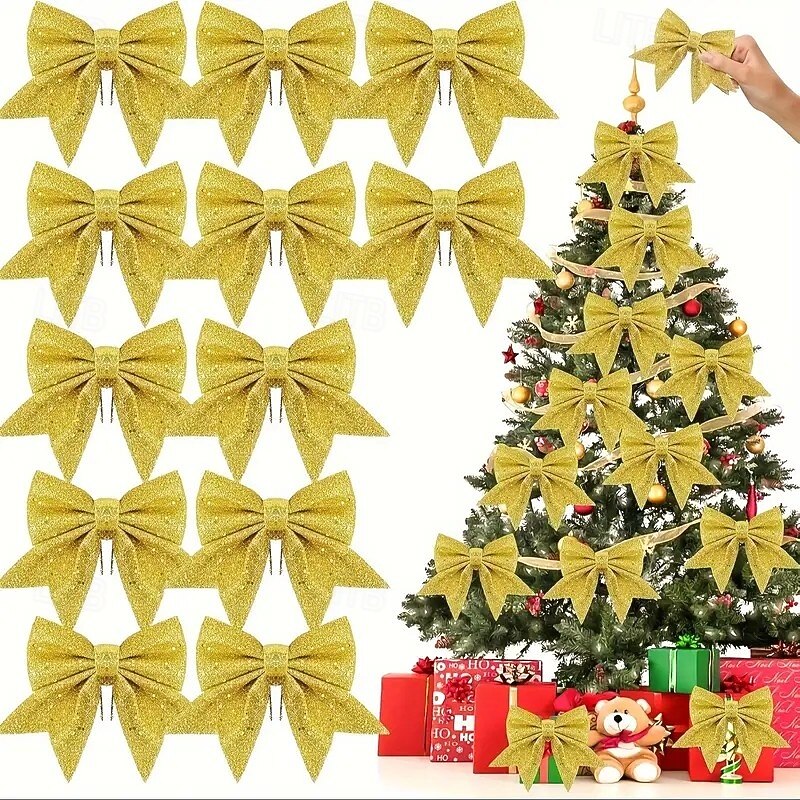 12pcs Christmas Ribbon Bows Ornaments Xmas Tree Decorations – Gold, Silver & Red Glitter Bows, Perfect for Tree, Wreaths and Gift Wrapping
