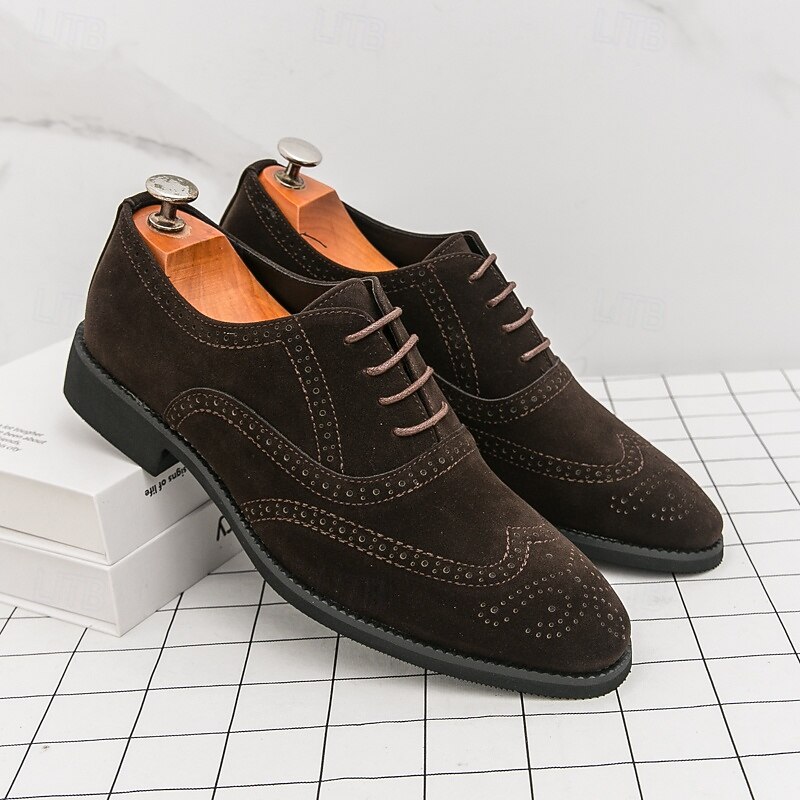 Men's Brown Suede Oxford Dress Shoes with Brogue Detailing, Classic Formal Business Shoes for Office, Weddings and Special Occasions2