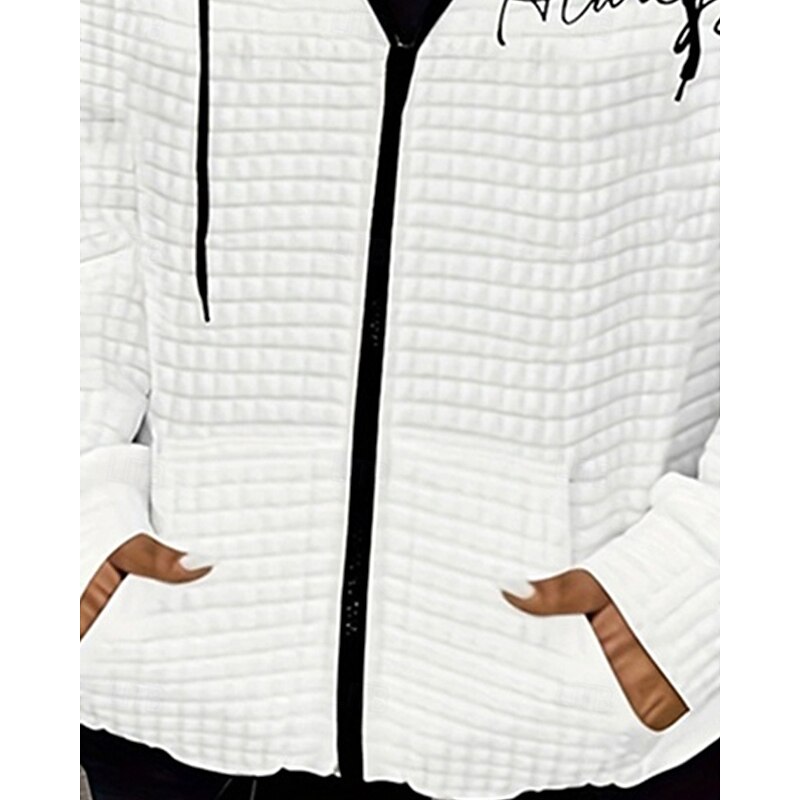 Women's Textured Jackets Zip Up Hoodies Hoodies Letter Sports Fashion Casual Long Sleeve Hooded Regular Tops Street Dailywear Zipper Pocket Print White Fall Winter3