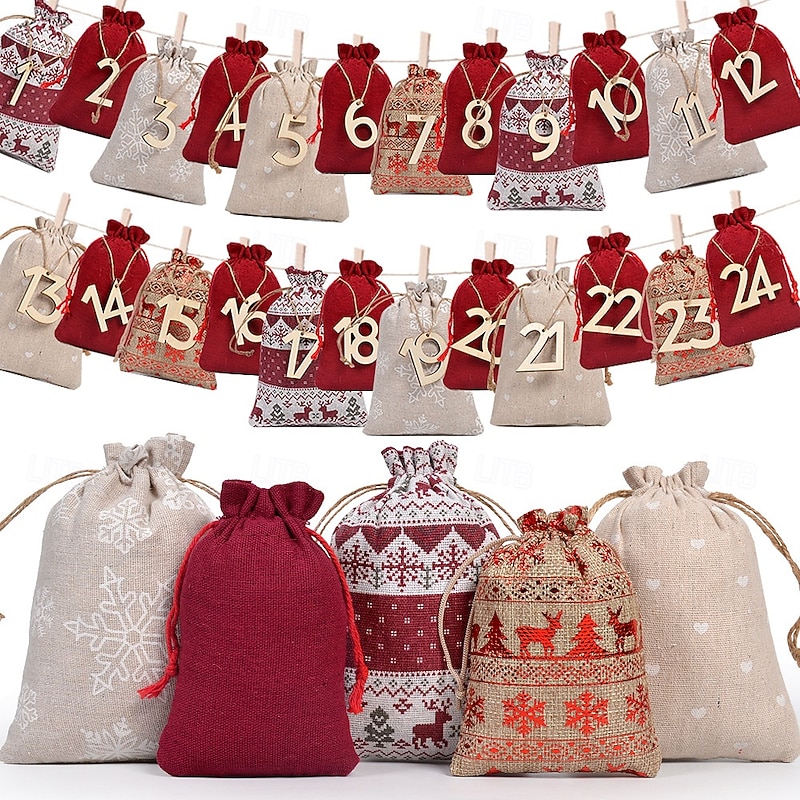 Christmas Advent Calendar Bags 24 Days Countdown Calendar Burlap Bags Drawstring Gift Bags For Adults And Kids DIY Candy Bags, Ideal for Xmas Home Decor Holiday Party Supplies