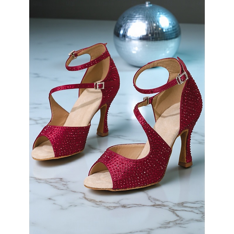 Women's Red Satin Rhinestone Latin Dance Shoes - Open Toe Ankle Strap High Heel Sandals for Gatsby Party & Ballroom Dance4