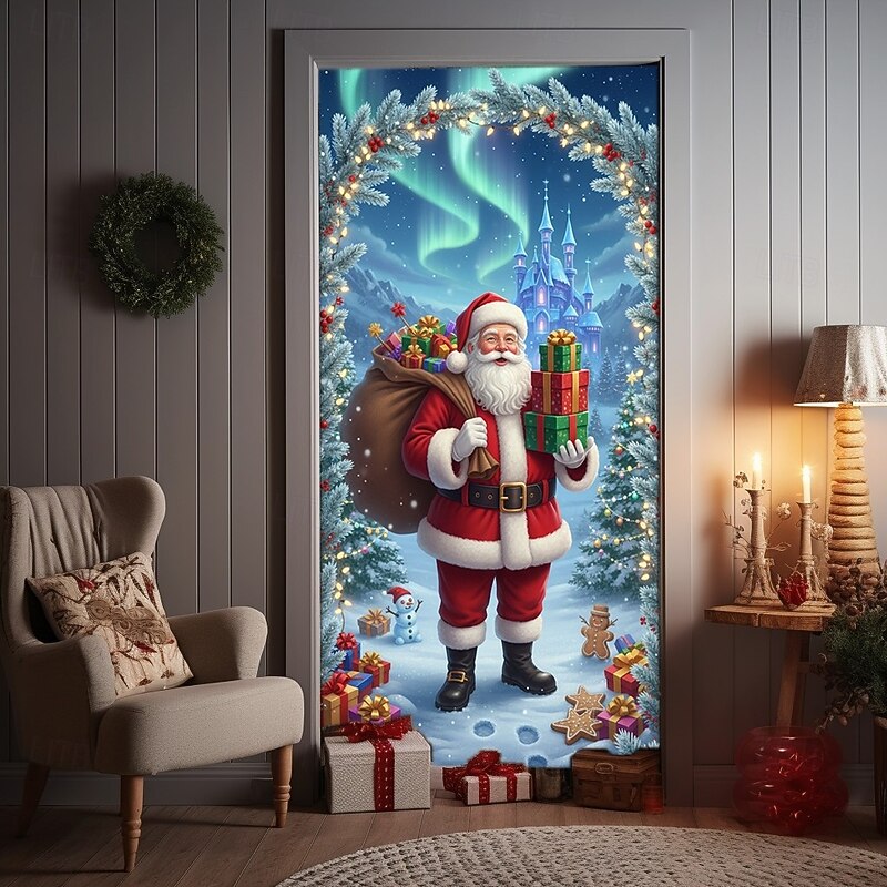 Christmas Door Cover Winter Holiday Decoration Drapes with Santa Claus Ice Castle Christmas Tree and Gift Boxes Print for Home Entryway Living Room Bedroom Indoor Outdoor Festive Seasonal Decor3