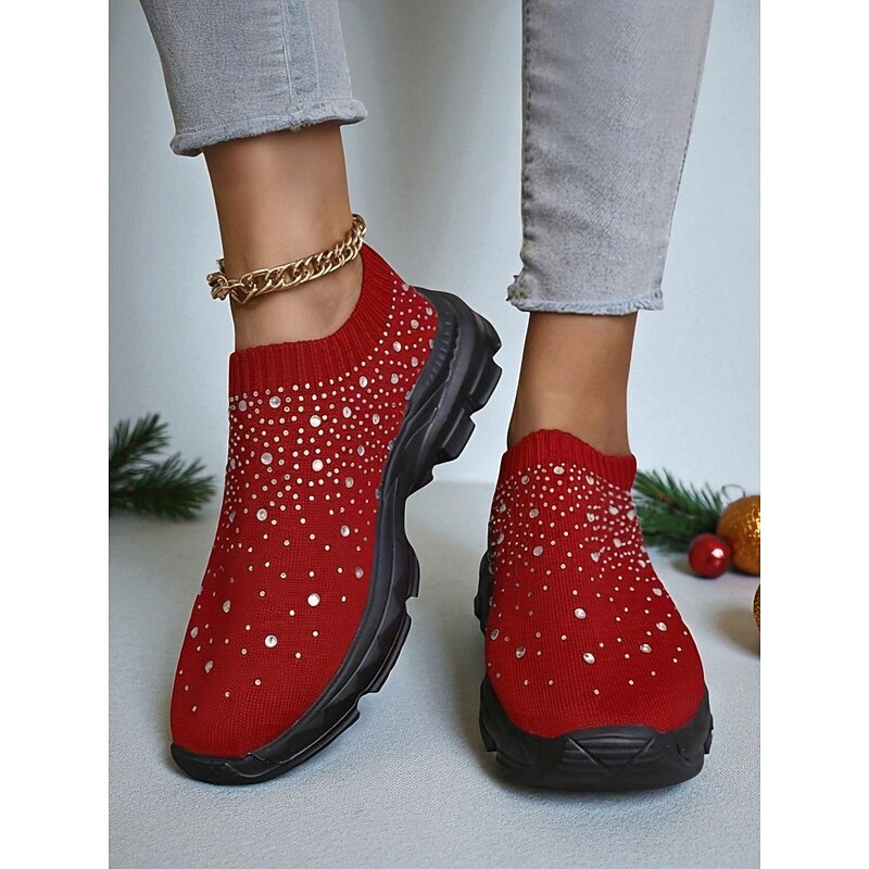 Women's Sneakers Flyknit Shoes Christmas Daily Rhinestone Flat Heel Round Toe Casual Comfort Walking City Running Tissage Volant Loafer Black White Pink2