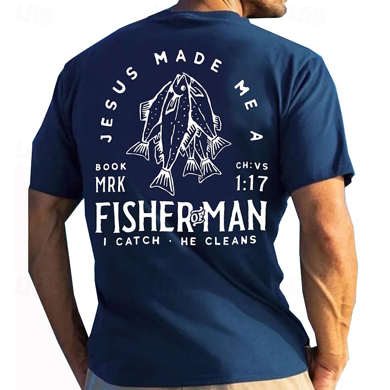 Men's Fishing T-Shirt: Jesus Made Me A Fisherman Mark 1:17 Christian Graphic Tee I Catch He Cleans