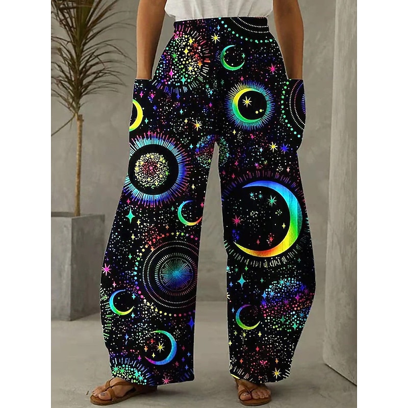 Women's Wide Leg Chinos Pants Trousers Vacation Vintage Ethnic Style Full Length High Waist Graphic Abstract Pocket Elastic Waistband Print Comfy Breathability Inelastic Vacation Casual Daily Black