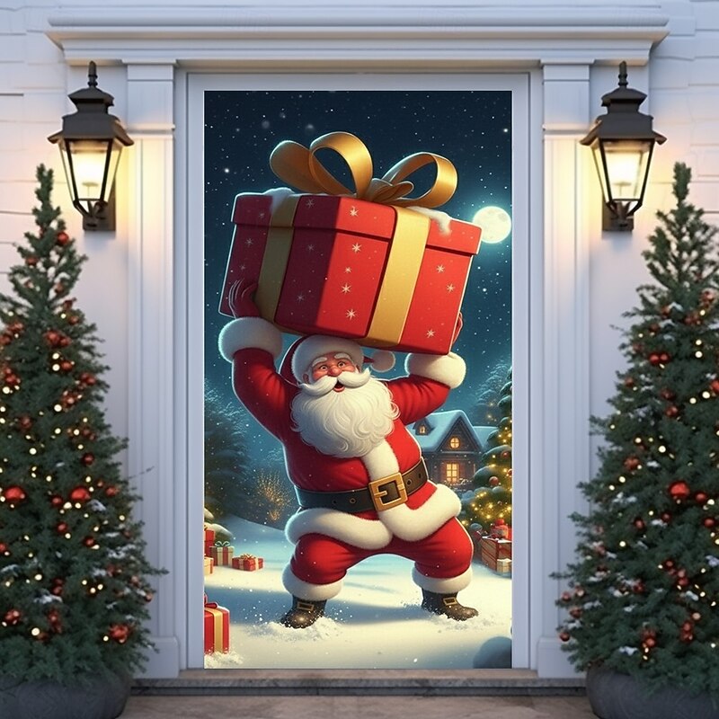 Christmas Door Cover Winter Holiday Decoration Drapes with Santa Claus Carrying Large Christmas Gift Sack Print for Home Entryway Living Room Bedroom Indoor Outdoor Festive Seasonal Home Decor