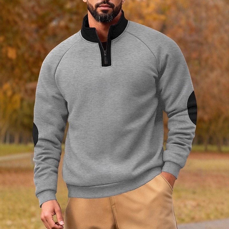 Men's Sweatshirt Pullover Quarter Zip Sweatshirt Apricot Black Navy Blue Khaki Light Grey Standing Collar Plain Patchwork Color Block Sports & Outdoor Casual Daily Streetwear Cool Sportswear Spring