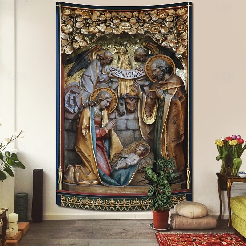 Christmas Hanging Tapestry Nativity Scene with Angel Messenger Sculpture Style Jesus Birth Large Wall Art Mural Decor Blanket Curtain Holiday Home Bedroom Living Room Religious Celebration Decoration2