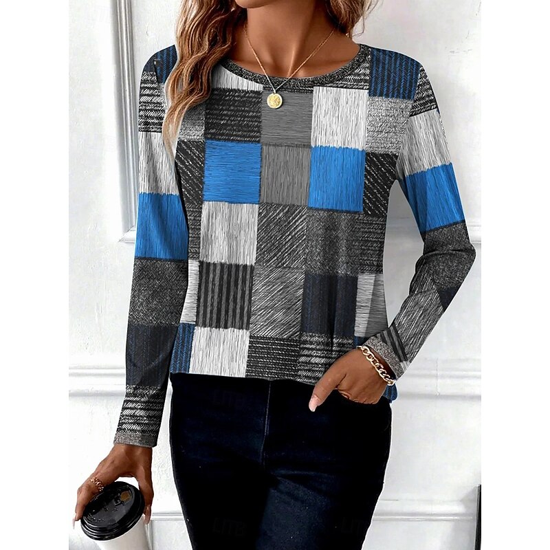 Women's T Shirt Graphic Geometric Vintage Fashion Stylish Long Sleeve Crew Neck Round Neck Regular Tops Daily Weekend Print White Blue Gray Summer Spring Fall3