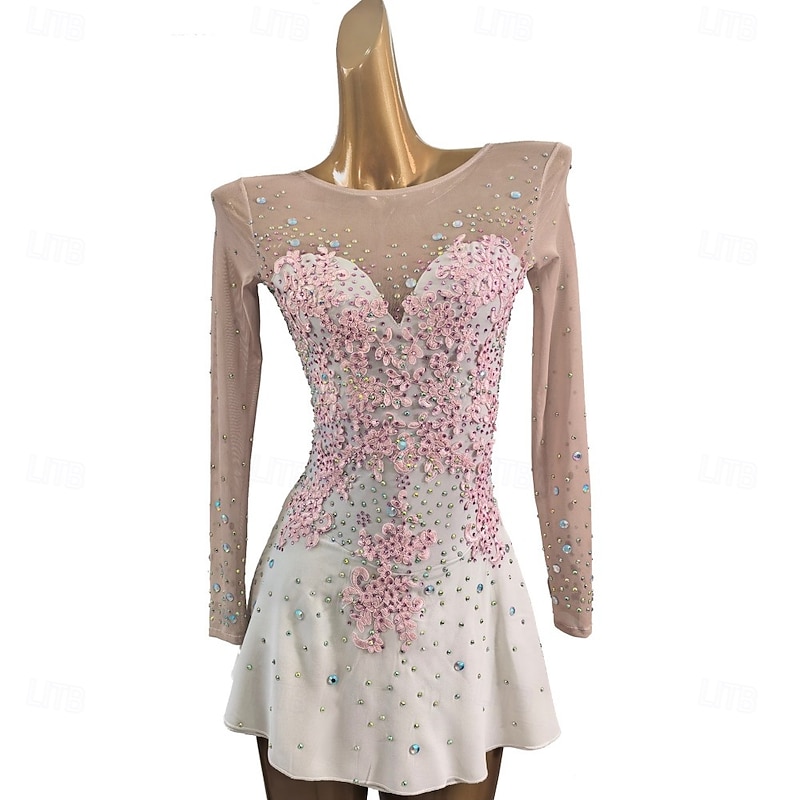 Figure Skating Dress Women's Girls' Ice Skating Dress White Patchwork Asymmetric Hem Mesh High Elasticity Training Competition Skating Wear Classic Crystal / Rhinestone Long Sleeve Ice Skating Figure4