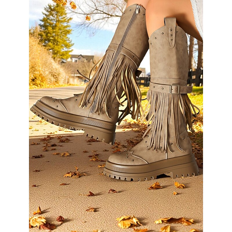 Women's Fringe Bohemia Rinding Boots with Studded Detailing, Retro Western Style Chunky Sole Knee High Boots for Festivals, Streetwear and Outdoor Fashion4