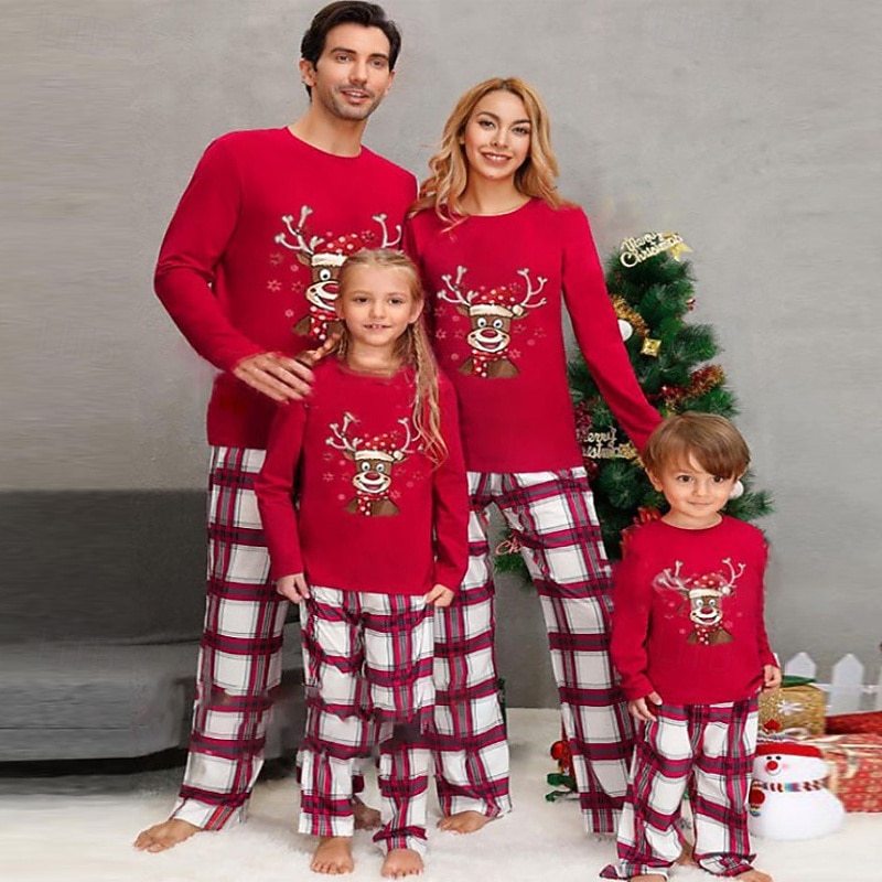 Family Pajamas Plaid Christmas Pattern Home Print Red Long Sleeve Active Matching Outfits - Main Image