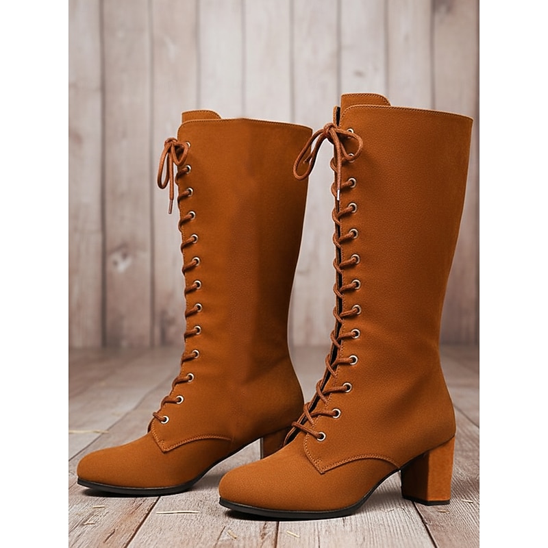 Women's Brown Lace-Up Mid-Calf Boots, Retro Edwardian Victorian Style Chunky Heel Boots for Cosplay, Vintage Outfits and Autumn Fashion