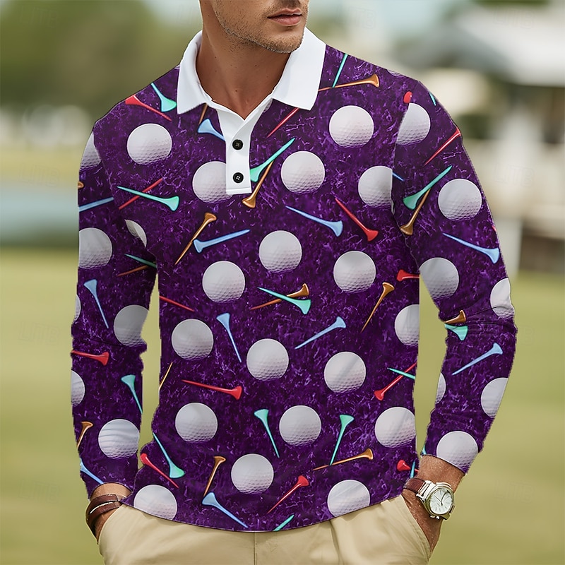 Men's Graphic Polo Long Sleeve Polo Shirts Lapel Casual Outdoor Athleisure Daily Wear 3D Print Buttons Spring Fall Winter Blue Purple Green2