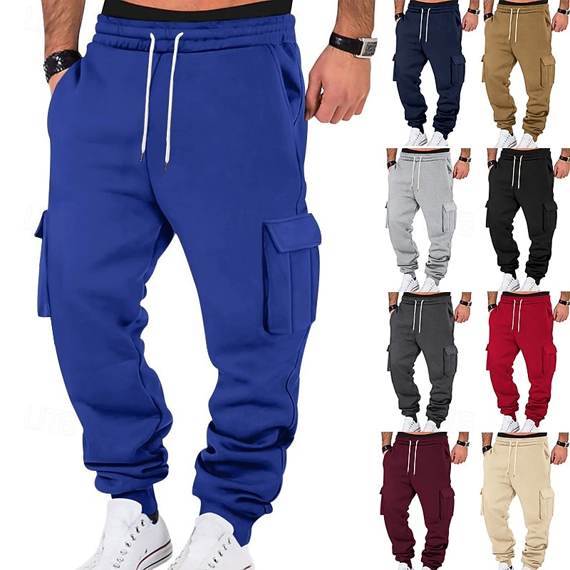 Men's Cargo Pants Fleece Pants Sweatpants Joggers Trousers Elastic Waist Drawstring Multi Pocket Plain Comfort Warm Full Length Outdoor Casual Daily Sports Fashion Black White