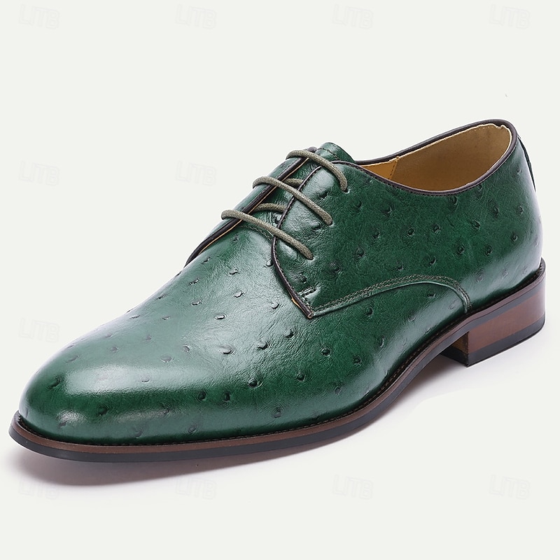 Men's Green Genuine Leather Ostrich Pattern Oxford Shoes with Lace-Up Closure, Elegant Handmade Dress Shoes for Formal Events and Business Occasions2