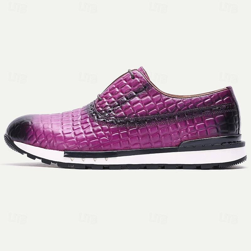 Men's Purple Genuine Leather Crocodile Pattern Sneakers with Lace-Up Design and Flexible Sole, Designer Casual Dress Shoes for Business and Evening Occasions3