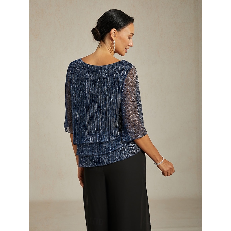 Women's Blouse Dressy Tops Flowy Tops Chiffon Tops Elegant Vintage Stylish 3/4 Length Sleeve Crew Neck Boat Neck Work Daily Date Night Outfits Sequins Pleated Patchwork Navy Blue Spring Fall2