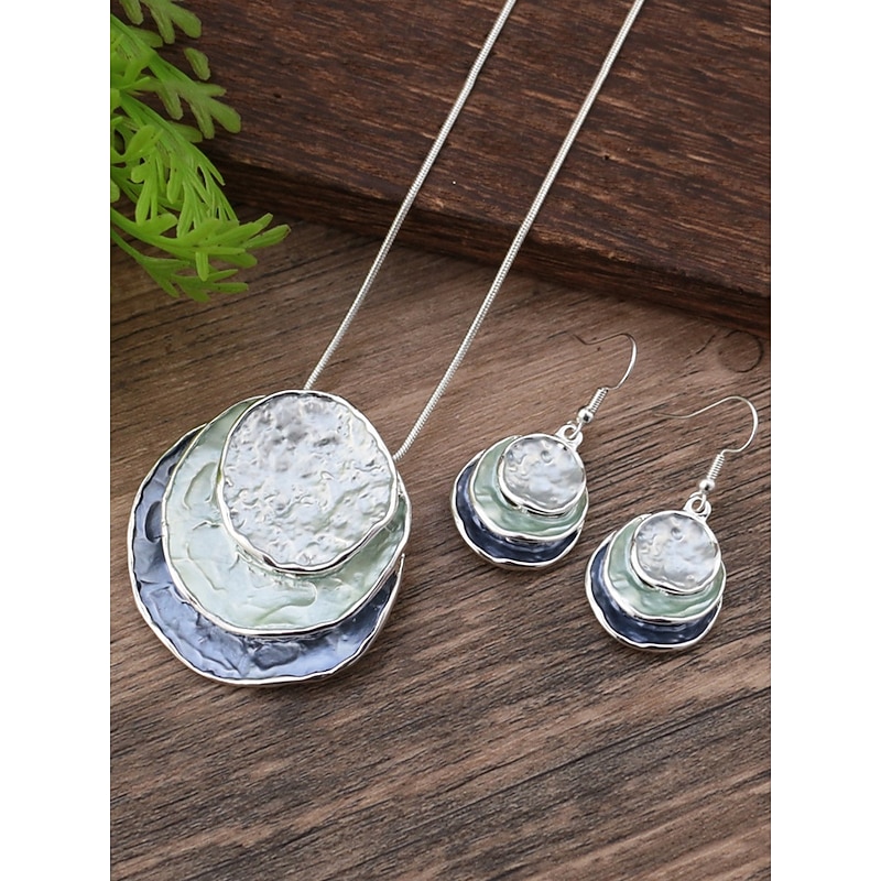 Women's Bohemian Layered Pendant Necklace and Dangle Earrings Set – Iridescent Shell Design, Statement Jewelry for Casual, and Party Outfits