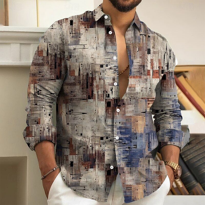 Men's Geometric Color Block Patchwork Shirt Button Up Shirt Long Sleeve Vintage Retro Holiday Casual Daily Spring Fall Turndown 3D Print Collared Shirts Blue Gray