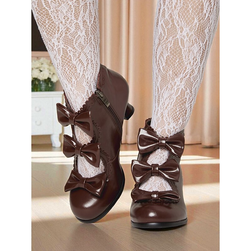 Women's Brown Ankle Boots with Three Bow Details, 1950s Vintage Lolita Style, Victorian  Elegance, Perfect for Tea Parties, Cosplay, and Special Occasions4