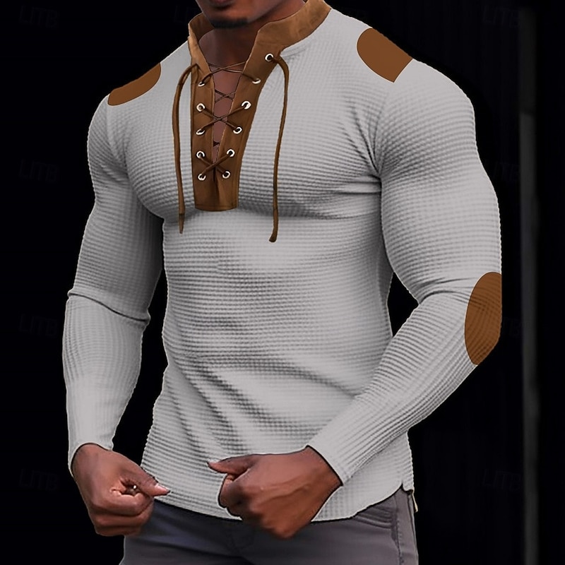 Men's T Shirt Corduroy Shirt Ribbed Knit tee Tee Top Long Sleeve V Neck Lace Up Neck Spring Fall Winter Plain Pit Strip Fashion Designer Basic Color Block Vacation Street Casual Yellow Blue Purple2