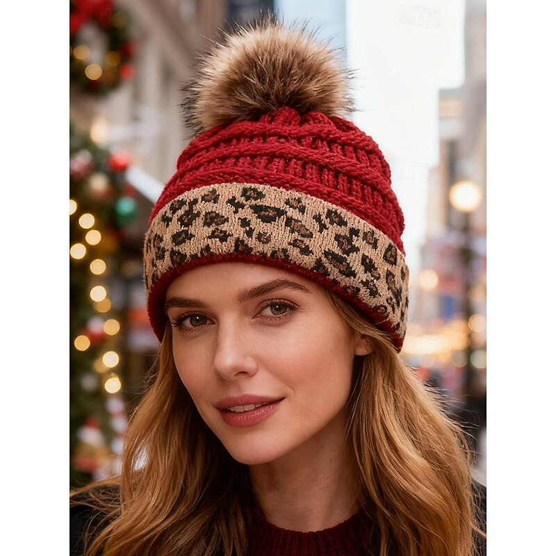 Women's Christmas Knit Beanie Hat with Faux Fur Pom Pom, Warm Leopard Print Winter Cap, Stylish Holiday Accessory for Outdoor & Festive Outfits