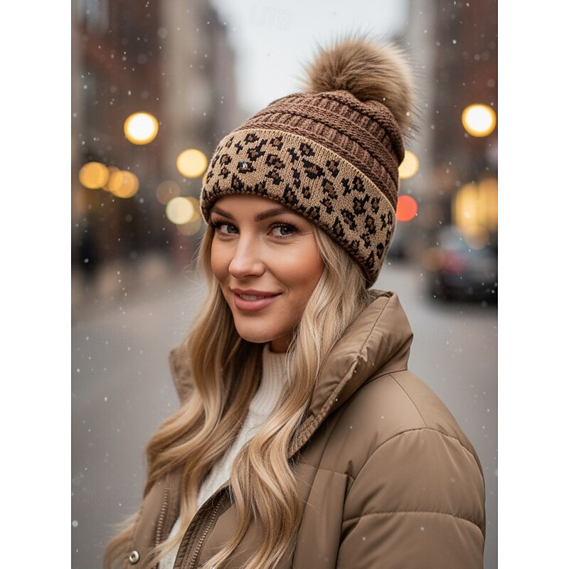Women's Christmas Knit Beanie Hat with Faux Fur Pom Pom, Warm Leopard Print Winter Cap, Stylish Holiday Accessory for Outdoor & Festive Outfits4