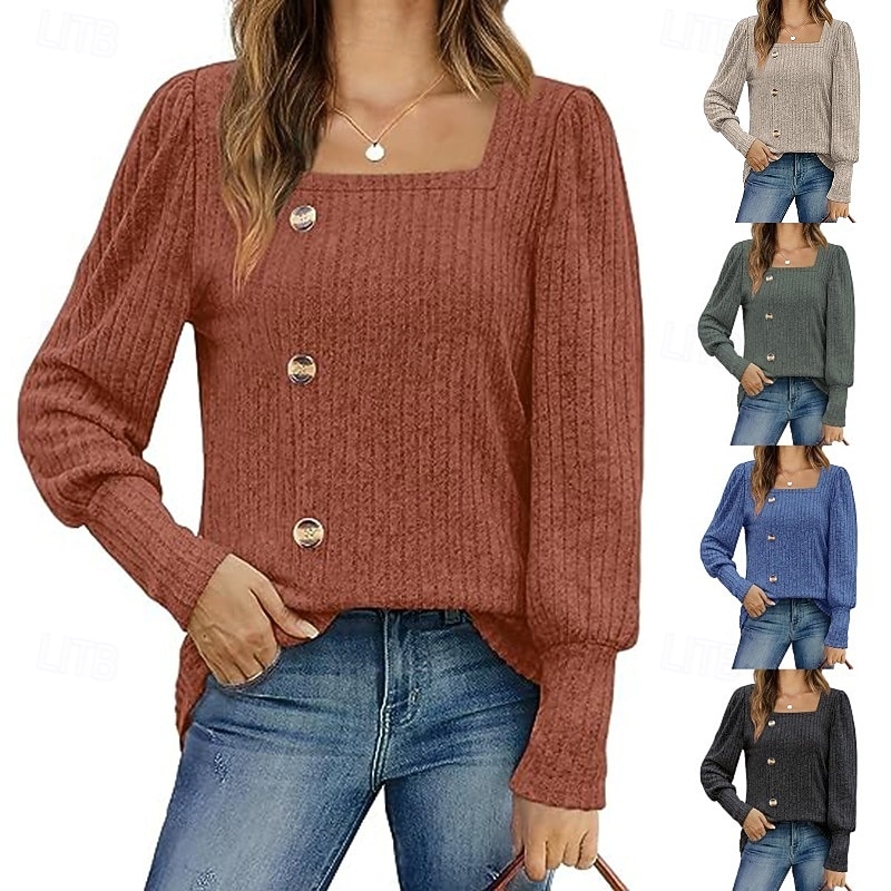 Women's Blouse Solid Color Stylish Casual Long Sleeve Square Neck Regular Tops Daily Buttons Black Army Green Blue Brown Apricot Summer Spring Fall Winter