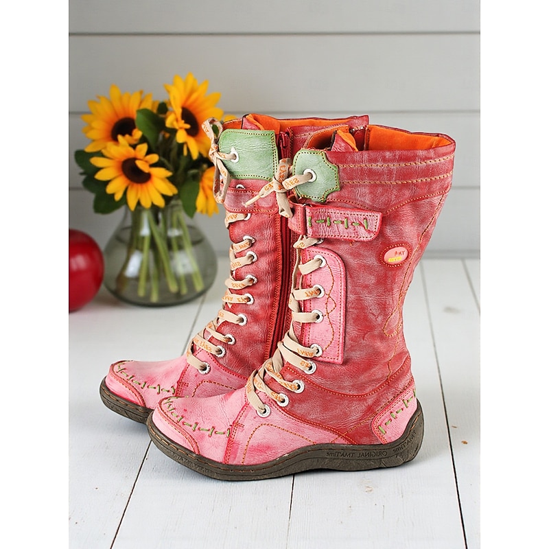 Women's Genuine Leather Lace-Up Mid-Calf Boots with Side Zipper and Colorful Stitching, Vintage Casual Fashion Boots for Winter Outfits & Outdoor Wear4