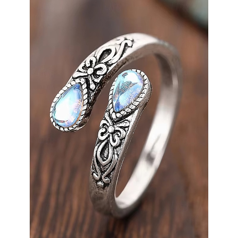 Women's Silver Adjustable Ring with Moonstone & Crystal, Vintage Bohemian Jewelry for Engagement, Anniversary & Daily Wear3
