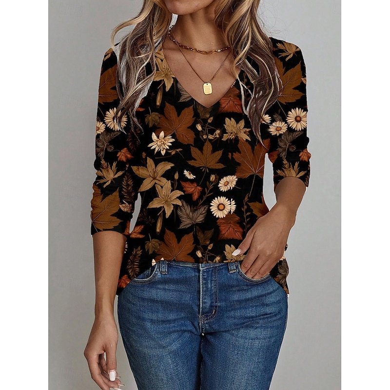 Women's T Shirt Floral Graphic Vintage Stylish Classic Long Sleeve V Neck Regular Tops Daily Print Brown Spring Fall2